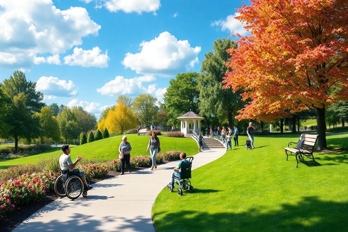 A photorealistic image depicting a serene park scene showcasing accessibility features designed for individuals with mobility disabilities. In the foreground, a wide, smooth pathway winds through the lush greenery, flanked by vibrant flowerbeds in full bloom. Along the path, a diverse group of individuals is portrayed, including a person in a wheelchair enjoying the scenery, another using a walker, and a child with cerebral palsy being pushed in a stroller by a caregiver. Large, colorful trees provide shade, while benches with armrests and accessible designs are strategically placed for rest. In the background, a gently sloping ramp leads up to a small gazebo, where others gather, emphasizing inclusivity and community. The sky is bright blue with fluffy white clouds, casting soft shadows on the ground, creating a warm and welcoming atmosphere that encourages outdoor activity and social interaction. This image visually represents the importance of accessibility and the beauty of nature, highlighting the ability of everyone to enjoy public spaces together.