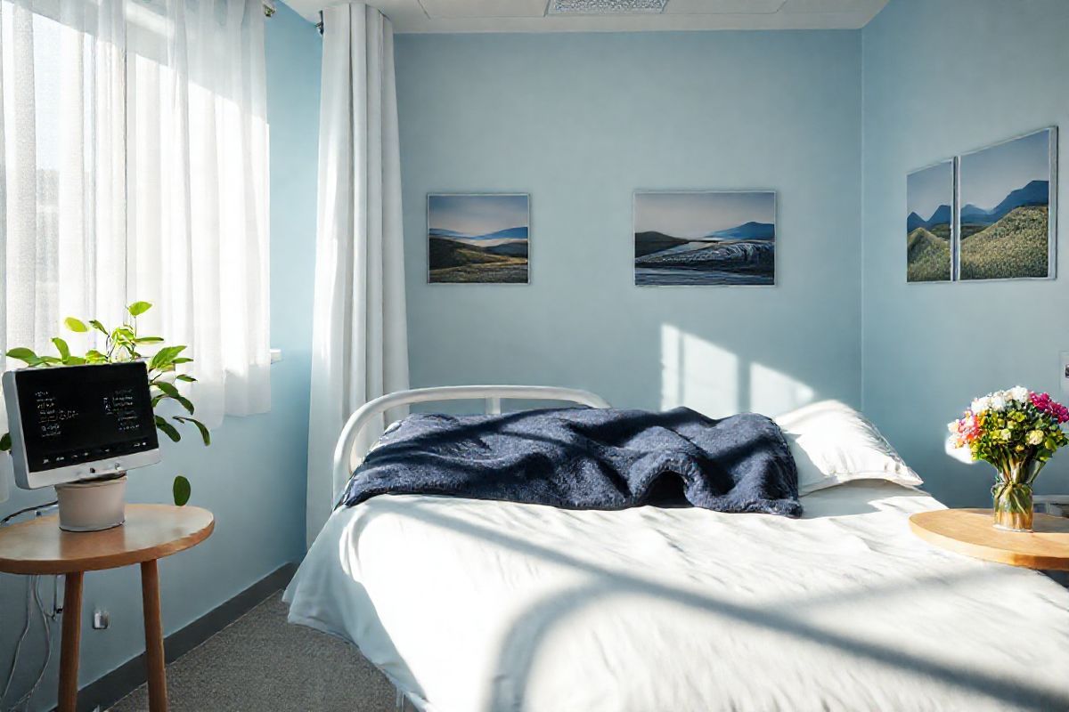 A photorealistic image depicts a serene and calming hospital room designed for cardiac patients. The room is softly illuminated by natural light filtering through sheer white curtains, casting gentle shadows on the pale blue walls. In the center, a hospital bed with crisp white linens is adorned with a plush navy blue blanket, inviting a sense of comfort. Beside the bed, a sleek bedside monitor displays heart rate readings, its screen glowing softly.   On a nearby window sill, a vibrant green potted plant adds a touch of life and freshness to the space, contrasting beautifully with the sterile environment. The walls are adorned with serene landscape photographs, depicting peaceful nature scenes that evoke tranquility and healing. A small wooden table holds a vase of fresh flowers, their bright colors bringing warmth to the room.   The overall ambiance is one of hope and recovery, emphasizing the importance of a supportive environment for patients dealing with heart conditions like monomorphic ventricular tachycardia. The image captures a moment of calm amidst the clinical setting, reflecting the delicate balance between medical care and emotional well-being.