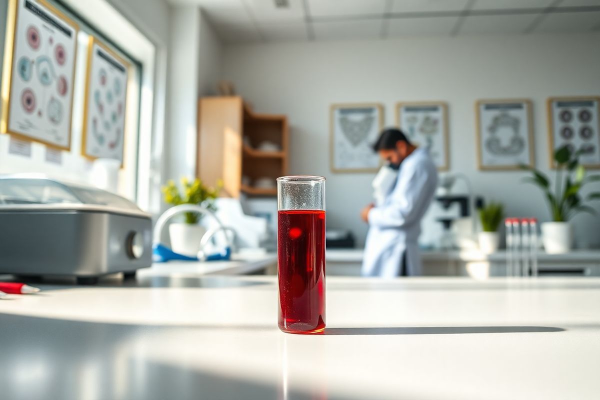 A photorealistic image captures a serene medical laboratory setting, featuring a well-lit space with clean, white countertops and modern equipment. In the foreground, a glistening glass vial filled with a deep crimson blood sample sits on a polished surface, reflecting the soft overhead lights. Surrounding the vial, various blood testing instruments are neatly arranged, including a centrifuge and pipettes, showcasing the precision of laboratory work. In the background, a technician in a crisp white lab coat is seen focusing intently on a microscope, symbolizing the meticulous nature of blood analysis. The walls are adorned with framed diagrams of blood cell structures and protein electrophoresis patterns, subtly emphasizing the scientific aspect of diagnosing multiple myeloma. Natural light filters through a large window, illuminating the space and creating a calm and inviting atmosphere, while a potted plant adds a touch of warmth and life to the environment. This composition conveys a sense of professionalism, care, and the critical role of blood tests in healthcare, perfectly complementing the discussion of multiple myeloma diagnosis and monitoring.