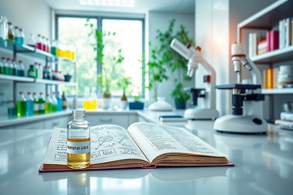 A photorealistic decorative image depicting a serene laboratory setting focused on cancer research would effectively complement the discussion on chemotherapeutic agents for multiple myeloma. The scene features a bright, well-lit laboratory with sleek countertops and sophisticated equipment. In the foreground, a glass vial of a chemotherapeutic agent, such as Melphalan, is placed alongside an open notebook filled with handwritten notes and diagrams related to cancer cell biology.   In the background, shelves filled with colorful reagent bottles and scientific journals create an atmosphere of academic pursuit. A microscope stands prominently on one side, hinting at the detailed analysis of cancer cells. Soft, natural light filters through a window adorned with greenery, symbolizing hope and life amid the scientific endeavor.   The color palette includes cool blues and greens, promoting a sense of calm and focus, while splashes of warm light add a welcoming touch. This image visually represents the intersection of science, health, and hope, reflecting the ongoing efforts to develop effective treatments for multiple myeloma and enhancing the reader’s engagement with the topic.