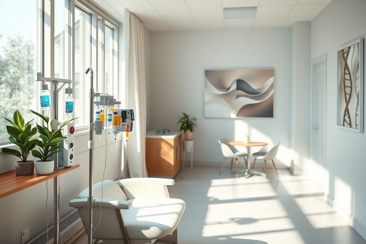 A photorealistic image depicts a serene clinical setting within a modern oncology treatment room. The room features large windows allowing soft, natural light to flood in, illuminating the space with a warm glow. In the foreground, a comfortable treatment chair is positioned next to a sleek, high-tech IV stand, which is connected to a colorful array of chemotherapy bags, subtly reflecting the advanced treatments available for multiple myeloma.   On one side of the room, a vibrant plant, such as a peace lily, is placed on a wooden shelf, symbolizing hope and healing. The walls are adorned with calming artwork, showcasing abstract representations of DNA strands and molecular structures, emphasizing the focus on personalized medicine and targeted therapies. In the background, a small consultation area is visible, featuring a round table with a few elegant chairs, ideal for discussions between healthcare providers and patients about treatment options. Soft, neutral tones dominate the color palette, creating an atmosphere of tranquility and safety, perfectly encapsulating the essence of contemporary cancer care and the ongoing advancements in multiple myeloma treatment.