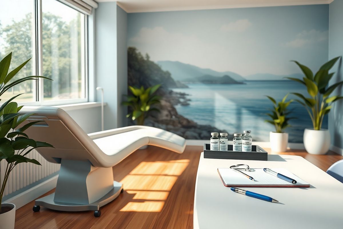 A photorealistic image depicting a serene and tranquil medical setting, featuring a well-lit, modern treatment room adorned with soothing colors. In the foreground, a sleek, contemporary treatment chair is positioned next to a large window, allowing natural light to stream in, casting gentle shadows on the polished wooden floor. On a nearby table, a neatly arranged tray holds vials of dexamethasone and prednisone, alongside a stethoscope and a notepad with a pen, symbolizing attentive patient care. The background showcases a calming mural of nature, perhaps a tranquil forest or a peaceful seascape, enhancing the atmosphere of healing. Potted plants in the corners add a touch of greenery, promoting a sense of vitality and life. The room is devoid of any clutter, reflecting an organized and professional environment, while soft, ambient lighting creates a welcoming and comforting feel. Overall, the image encapsulates a sense of hope and recovery, resonating with the treatment process for multiple myeloma.