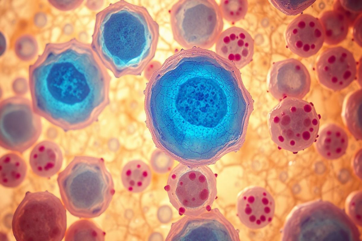 A photorealistic image depicting a close-up view of a human bone marrow sample under a microscope. The image showcases a vibrant array of myeloid cells at various developmental stages, with myeloblasts prominently featured as larger, irregularly shaped cells with a basophilic blue hue in their cytoplasm. Surrounding them, smaller myelocytes display eosinophilic pink-staining granules, highlighting their morphological differences. The background is softly blurred to emphasize the intricate details of the cells, revealing the distinct nuclear structures of the myeloblasts and myelocytes. The lighting is warm and natural, creating a lifelike atmosphere that emphasizes the complexity of hematopoiesis. Subtle textures and gradients in the bone marrow matrix add depth and realism, making the cellular structures stand out vividly against the organic backdrop. This captivating image captures the dynamic nature of blood cell development, inviting viewers to explore the crucial role of myeloblasts in the immune system.