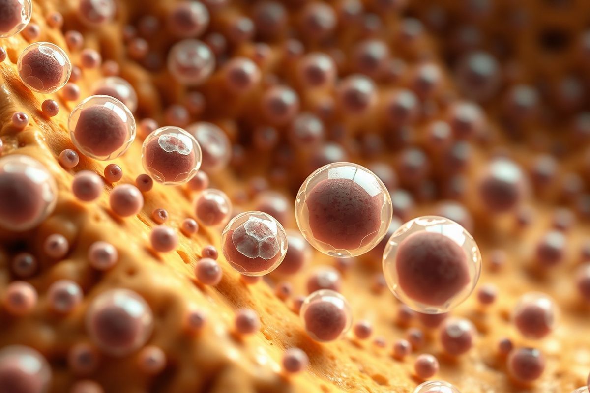 A photorealistic image depicting a close-up view of a vibrant and intricate bone marrow environment. The scene showcases numerous hematopoietic stem cells and myeloblasts in various stages of maturation, rendered with exquisite detail to highlight their unique characteristics. The myeloblasts are illustrated with large, prominent nuclei and scant cytoplasm, surrounded by a rich tapestry of other developing blood cells. The background features a soft focus of bone marrow tissue, with a warm, earthy color palette of browns and soft yellows, creating a sense of depth and realism. Subtle lighting enhances the cellular structures, casting gentle shadows that emphasize the contours and textures of the cells. In the foreground, a few myeloblasts transition into promyelocytes, showcasing their developmental journey, while the overall composition exudes a sense of life and dynamism, symbolizing the critical role of hematopoiesis in the human body. The image evokes a feeling of scientific wonder, inviting viewers to appreciate the complexity and beauty of cellular development within the bone marrow.