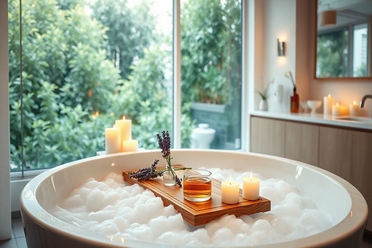 A serene and inviting scene unfolds in a softly lit, modern bathroom. The focus is a luxurious bathtub filled with frothy bubbles, surrounded by delicate candles casting a warm glow. A small wooden tray rests on the edge of the tub, adorned with a fresh bouquet of lavender and a glass of herbal tea, suggesting relaxation and self-care. The background features lush greenery visible through a large window, bringing a touch of nature indoors. The walls are painted in calming pastel tones, complemented by elegant, minimalistic decor. On the countertop, a few neatly arranged skincare products hint at a soothing routine. The overall ambiance exudes tranquility and wellness, inviting viewers to imagine a peaceful moment of respite amid the stresses of daily life. This image encapsulates the essence of nurturing oneself, perfect for those seeking to manage side effects and prioritize their well-being while undergoing treatment.