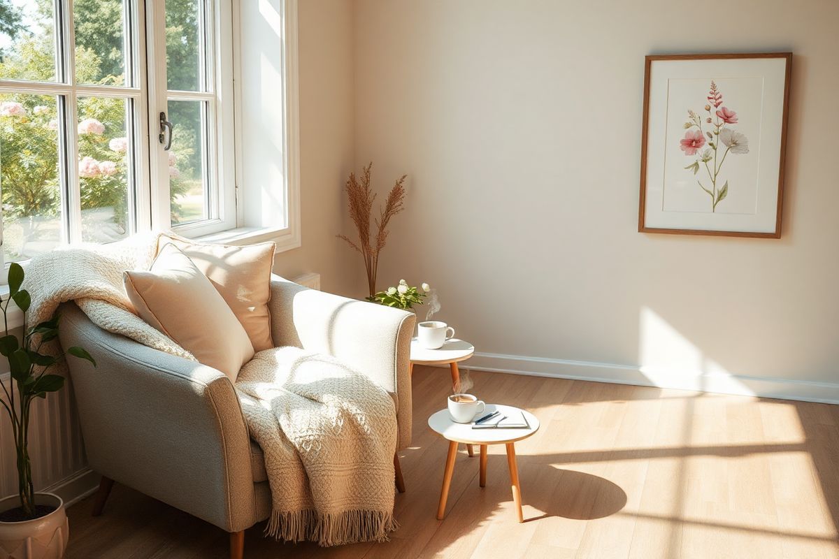 A serene and calming scene depicting a cozy, softly lit room with a large window overlooking a lush garden filled with blooming flowers. Sunlight streams through the window, casting gentle shadows on the wooden floor. In the foreground, a comfortable armchair is adorned with a plush throw blanket and decorative pillows in pastel colors. A small side table beside the chair holds a steaming cup of herbal tea, a notepad, and a pen, suggesting a moment of relaxation and self-care. On the opposite wall, a framed botanical print featuring delicate flowers adds a touch of nature to the decor. The room’s ambiance is tranquil, inviting a sense of peace and well-being, perfect for contemplation and comfort during a time of self-reflection. The overall color palette is soft and soothing, with light greens, soft pinks, and warm neutrals, creating an inviting atmosphere that promotes relaxation and healing.