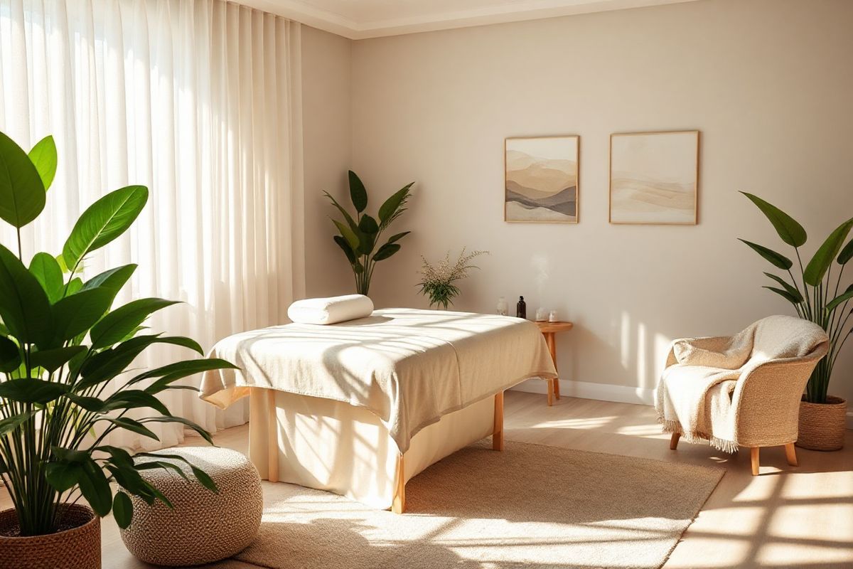 A serene and calming scene depicting a softly lit therapy room designed for relaxation and healing. The room features a plush massage table draped in soft, neutral-toned linens, surrounded by lush indoor plants that add a touch of nature. Gentle sunlight filters through sheer curtains, creating a warm and inviting atmosphere. On the walls, there are subtle, abstract art pieces in soothing colors, echoing themes of tranquility and wellness. A small side table holds essential oils and a diffuser, releasing delicate wisps of aromatic steam that enhance the sense of calm. In one corner, a comfortable chair with a cozy throw invites relaxation, while a soft rug underfoot adds warmth and comfort. The overall ambiance is peaceful, with soft shadows and highlights that evoke a sense of safety and healing, making it an ideal setting for addressing the complexities of conditions like Myofascial Pain Syndrome and Fibromyalgia.