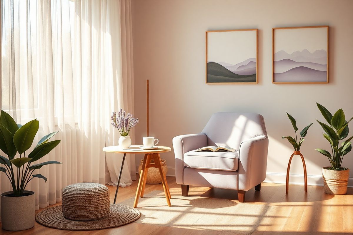 A serene and inviting scene depicting a cozy, softly lit room designed for relaxation and healing. The focal point is a plush, oversized armchair upholstered in soft, muted tones of lavender and cream, positioned near a large window with sheer, flowing curtains that gently billow in a light breeze. Sunlight streams through the window, casting warm, golden rays across the room. A small side table next to the chair holds a steaming cup of herbal tea, accompanied by an open book and a delicate vase of fresh lavender flowers. On the walls, calming artwork featuring abstract representations of nature—gentle waves and soft mountains—adds an artistic touch. A woven area rug in neutral shades cushions the hardwood floor, and a few potted plants, including a peace lily and a snake plant, bring life and greenery into the space. The overall atmosphere radiates tranquility and comfort, inviting viewers to imagine a peaceful escape where one can unwind and rejuvenate amidst the challenges of chronic pain and fatigue.