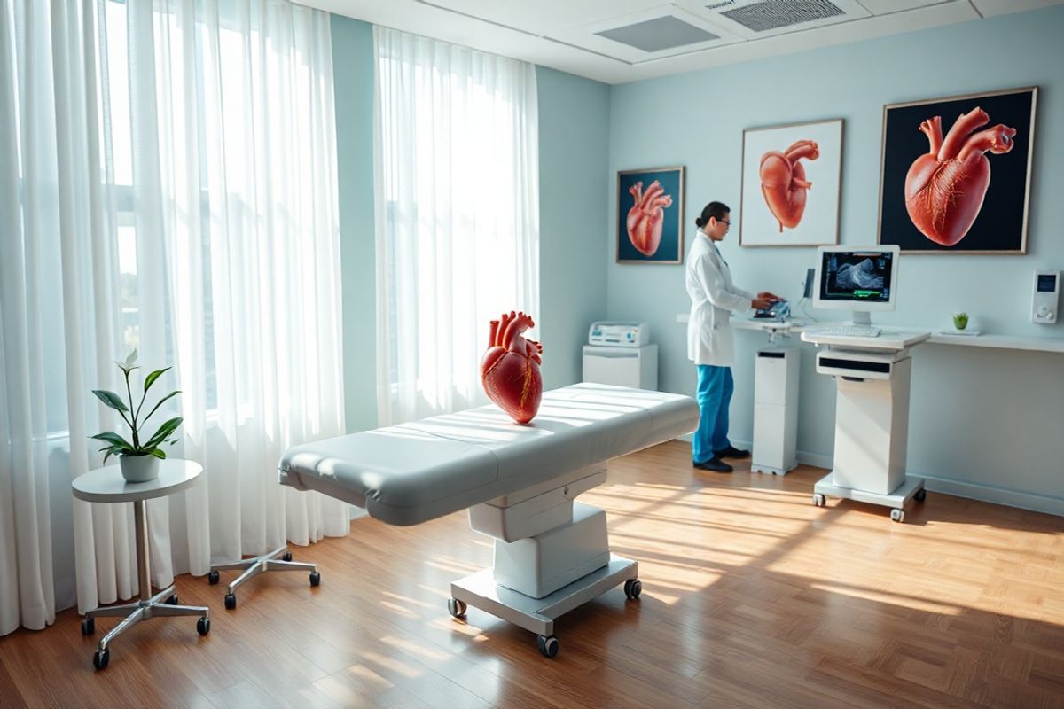 A photorealistic image of a serene cardiology clinic interior, showcasing a bright and welcoming atmosphere. The room features soft, natural lighting streaming through large windows adorned with sheer white curtains, casting gentle shadows on polished wooden floors. In the foreground, a modern examination table is neatly covered with a crisp white sheet, flanked by a sleek, contemporary heart model on one side, and advanced echocardiography equipment on the other. A potted peace lily sits on a side table, adding a touch of greenery to the space. On the walls, framed images of healthy heart anatomy and artistic representations of heart valves are tastefully arranged. The overall color palette is soothing, with soft blues and greens that evoke a sense of calmness and health. In the background, a caring healthcare professional is seen interacting with a patient, conveying a sense of compassion and professionalism. This image symbolizes the importance of heart health and the advanced medical care available for conditions like myxomatous degeneration.