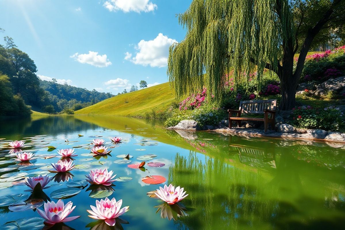 A photorealistic image depicting a serene and inviting scene of a tranquil heart-shaped pond, surrounded by lush greenery and vibrant flowers. The foreground features delicate pink and white water lilies floating gently on the water’s surface, reflecting the soft sunlight filtering through the canopy of trees overhead. In the background, a gentle slope rises, adorned with rich foliage and colorful blossoms, creating a harmonious balance of colors. The pond’s surface is calm, mirroring the clear blue sky above, dotted with a few fluffy white clouds. Nearby, a small wooden bench is nestled under a willow tree, encouraging viewers to pause and reflect. The play of light and shadow adds depth, capturing the peaceful essence of nature, which symbolizes health and vitality—an ideal metaphor for heart health and well-being. This idyllic setting embodies tranquility and balance, evoking a sense of calm and encouraging a connection to overall heart health, making it a perfect complement to the themes of myxomatous degeneration and mitral valve prolapse.