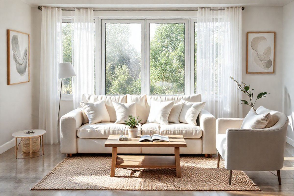 A serene and inviting scene depicts a softly lit, modern living room that conveys a sense of calm and comfort. The focal point is a plush, cream-colored sofa adorned with subtle, pastel-colored cushions, arranged in a cozy manner. A light oak coffee table sits in front, holding a small potted plant and an open book, suggesting a peaceful afternoon. Large windows, dressed with sheer white curtains, allow natural light to flood the space, illuminating the delicate textures of a woven area rug beneath. On the walls, tasteful artwork featuring abstract designs in soft hues adds a touch of sophistication. A gentle greenery view from the windows showcases a tranquil garden, enhancing the overall atmosphere of relaxation. In the corner, a stylish armchair complements the sofa, inviting one to sit and enjoy the surroundings. The overall color palette blends soft whites, light grays, and hints of greenery, creating an environment that evokes serenity and comfort—perfect for a space where one might reflect or engage in thoughtful conversation about health and well-being.