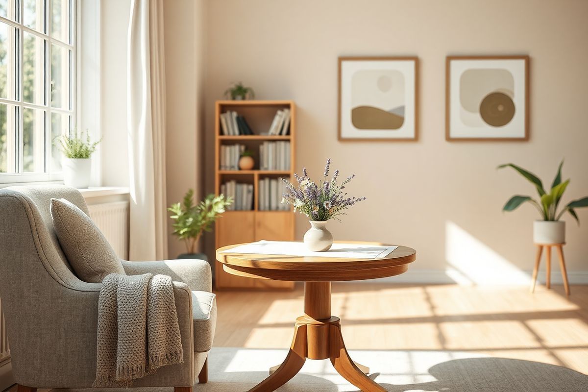 A serene and inviting scene unfolds in a sunlit room filled with soft, neutral tones. A wooden table sits at the center, adorned with a delicate white tablecloth. On the table, a small, elegant vase holds a fresh bouquet of lavender and daisies, their colors vibrant yet calming. Surrounding the table, a cozy armchair upholstered in light gray fabric invites relaxation, with a knitted throw draped over the arm. Natural light streams through a large window, casting gentle shadows and illuminating the room with a warm glow. In the background, a bookshelf filled with neatly arranged books and a few potted plants adds a touch of greenery, enhancing the tranquil atmosphere. The walls are painted in a soft beige, providing a perfect backdrop for a couple of framed abstract artworks that reflect organic shapes and soothing colors. This harmonious setting embodies comfort and care, symbolizing a nurturing space ideal for discussing health and wellness, making it an ideal visual representation for the themes of patient support and medication management.