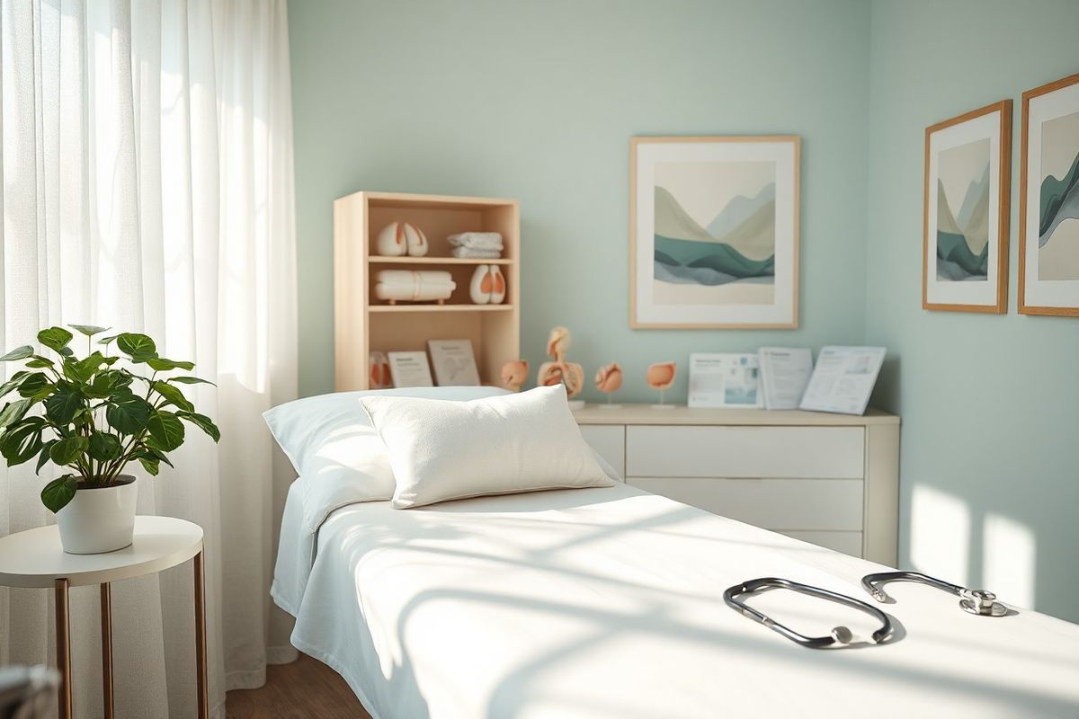 A serene and inviting scene depicting a softly lit, cozy examination room in a healthcare setting. The walls are painted in calming pastel colors, with gentle natural light filtering through sheer curtains, creating a warm ambiance. In the center, a comfortable examination table is draped with a crisp white sheet, surrounded by plush pillows that invite relaxation. On a nearby shelf, various anatomical models of the breast and educational pamphlets about benign breast conditions are neatly arranged. A small potted plant with lush green leaves adds a touch of nature to the space, while framed abstract art on the walls complements the soothing atmosphere. A stethoscope rests casually on a nearby counter, and a gentle, inviting color palette of soft blues and greens enhances the feeling of tranquility and reassurance. The overall composition evokes a sense of care, comfort, and professionalism, making it an ideal backdrop for discussions about breast health and noncancerous breast conditions.