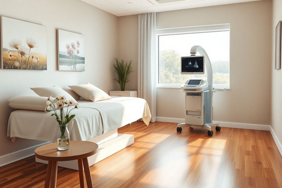 A photorealistic image depicting a serene and inviting scene in a softly lit medical examination room. The room features a plush, cushioned examination table draped in a clean, white sheet, accentuated by a few pastel-colored pillows. On the walls, gentle artwork of blooming flowers and tranquil landscapes create a calming atmosphere. A modern breast ultrasound machine, sleek and unobtrusive, sits in one corner, reflecting the light from a large window that allows soft, natural sunlight to filter in. In the foreground, a small wooden table holds a vase with fresh daisies, adding a touch of warmth and life to the space. The floor is polished hardwood, complementing the warm tones of the room. The overall ambiance is one of comfort and reassurance, suggesting a safe environment for patients seeking care and information about benign breast conditions. The image captures the essence of health and wellness, evoking a sense of peace and professionalism.