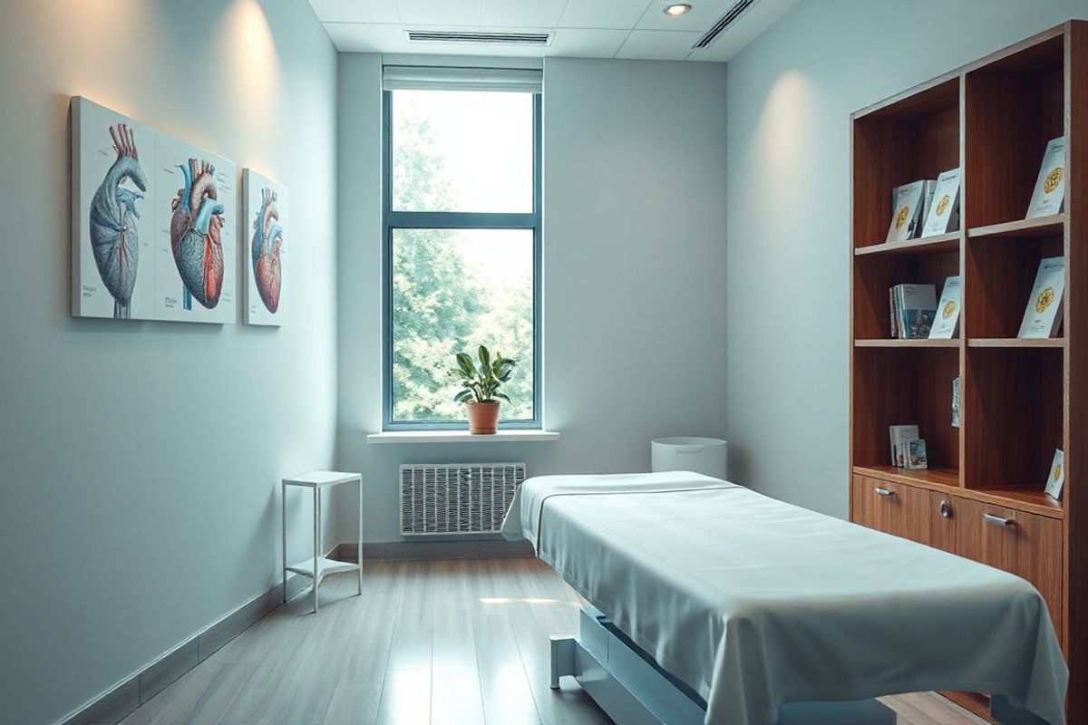 A photorealistic image depicting a serene and tranquil scene in a modern medical office, featuring a well-lit examination room. The room is equipped with a sleek examination table covered in crisp, white linen, and soft, ambient lighting creates a calming atmosphere. On the walls, there are tasteful art pieces that illustrate the human heart and cardiovascular system in an abstract style, adding a touch of sophistication. A wooden bookshelf is neatly organized with medical textbooks and heart health pamphlets. In the corner, a large window allows natural light to flood in, with a view of lush greenery outside, symbolizing hope and health. A small potted plant on the windowsill adds a touch of life to the space. The overall color scheme is soothing, with soft blues and greens, evoking a sense of calmness and reassurance, which is essential for patients experiencing symptoms related to NSVT. The image conveys a sense of professionalism and care, inviting patients to feel comfortable and supported in their journey towards understanding and managing their heart health.