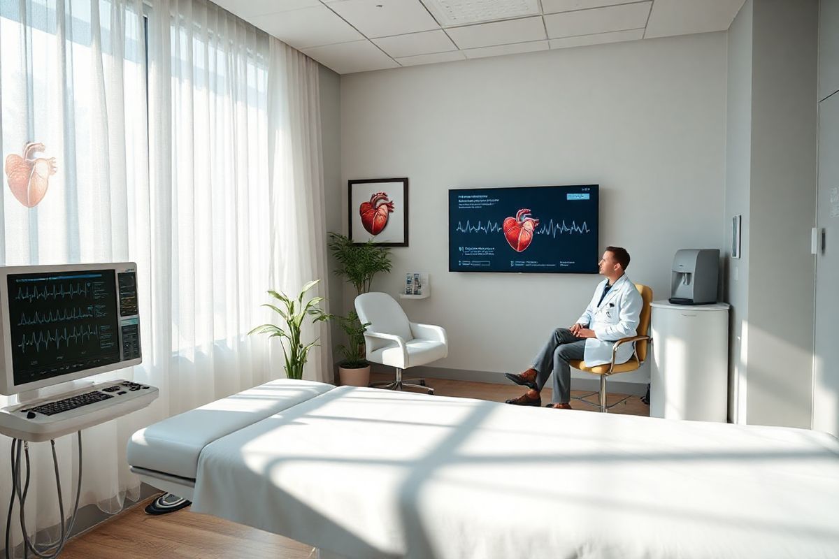 A photorealistic image depicting a serene and tranquil healthcare setting focused on cardiovascular health. In the foreground, a sleek, modern examination room is showcased, featuring a comfortable examination table with crisp white linens, surrounded by state-of-the-art medical equipment, including an electrocardiogram machine displaying heart rhythms. The room is bathed in soft, natural light streaming through large windows adorned with sheer curtains, creating a calming atmosphere. On the walls, framed anatomical heart illustrations and a digital screen showcasing heart health statistics add an educational touch. In the background, a healthcare professional, dressed in a crisp white lab coat, is engaged in a compassionate conversation with a patient, conveying a sense of trust and care. The patient appears relaxed, seated comfortably and actively listening, symbolizing the importance of communication in healthcare. Subtle touches like a potted plant and a water dispenser contribute to a welcoming environment, emphasizing the focus on well-being. This image reflects the essence of proactive cardiac care, aligning perfectly with themes of heart health, diagnosis, and the management of conditions like nonsustained ventricular tachycardia.