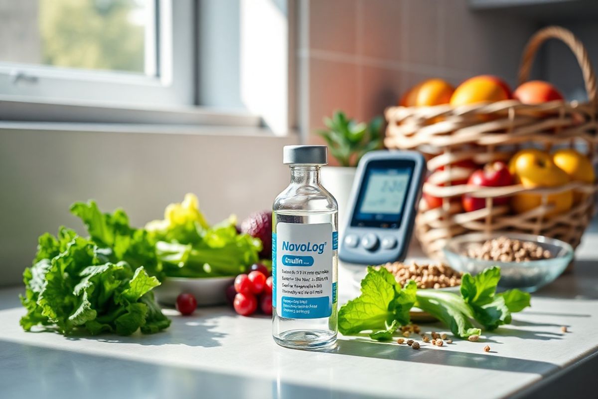 A photorealistic image depicting a serene kitchen countertop setup, featuring a sleek glass vial of NovoLog insulin prominently displayed. The vial is surrounded by a variety of diabetes-friendly foods, including fresh green vegetables, a bowl of berries, and whole grains, highlighting a balanced diet. Soft natural light filters through a nearby window, casting gentle shadows and illuminating the vial and foods. In the background, a digital blood glucose monitor sits next to a notepad with handwritten notes, indicating a patient’s daily glucose readings, emphasizing the importance of monitoring. The countertop is adorned with a stylish, minimalist fruit basket and a potted plant, adding a touch of warmth and vitality to the scene. This composition conveys a message of health, wellness, and the proactive management of diabetes through diet and monitoring, creating an inviting and informative atmosphere.