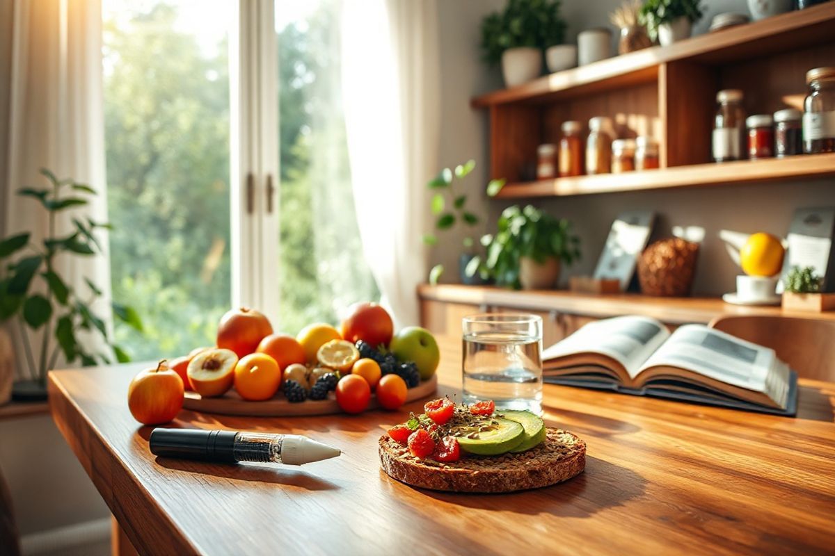 A photorealistic image features a serene and inviting kitchen scene bathed in warm, natural light. In the foreground, a polished wooden dining table is set with a colorful array of fresh, healthy foods, including vibrant fruits like apples, oranges, and berries, alongside a neatly arranged plate of whole-grain toast topped with avocado and a sprinkle of seeds. A sleek, modern insulin pen rests casually beside a small glass of water, symbolizing diabetes management in a positive light.   In the background, a window reveals a lush garden, with sunlight streaming through sheer white curtains, creating a peaceful atmosphere. The shelves are tastefully decorated with jars of spices, a potted plant, and a cookbook opened to a page featuring nutritious meal ideas. The overall color palette is warm and inviting, with earthy tones of wood and green from the plants, conveying a sense of health, balance, and harmony in managing diabetes. This image encapsulates the essence of a healthy lifestyle and the integration of diabetes care into everyday life.