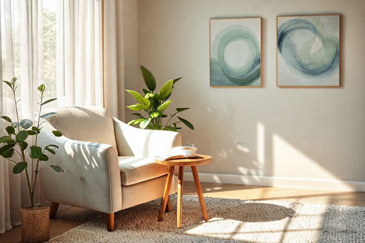 A photorealistic decorative image depicting a serene, softly lit room designed for relaxation and mindfulness. The focal point is a comfortable armchair upholstered in a calming pastel fabric, positioned near a large window with sheer curtains that gently filter the sunlight. Sunbeams cast a warm glow on a small wooden side table adorned with an open book and a steaming cup of herbal tea. In the background, there is a lush indoor plant, its vibrant green leaves contrasting beautifully against the neutral tones of the room. On the walls, abstract art pieces featuring gentle swirls of blue and green evoke a sense of tranquility and introspection. A plush, textured rug lies underfoot, adding warmth and comfort to the space. Subtle elements of nature, such as a small vase with fresh flowers, enhance the atmosphere of peace and serenity, inviting viewers to take a moment to breathe and reflect. This image embodies a holistic approach to mental well-being, symbolizing a safe haven for individuals seeking solace from the complexities of life, much like the insights into OCD presented in the accompanying text.