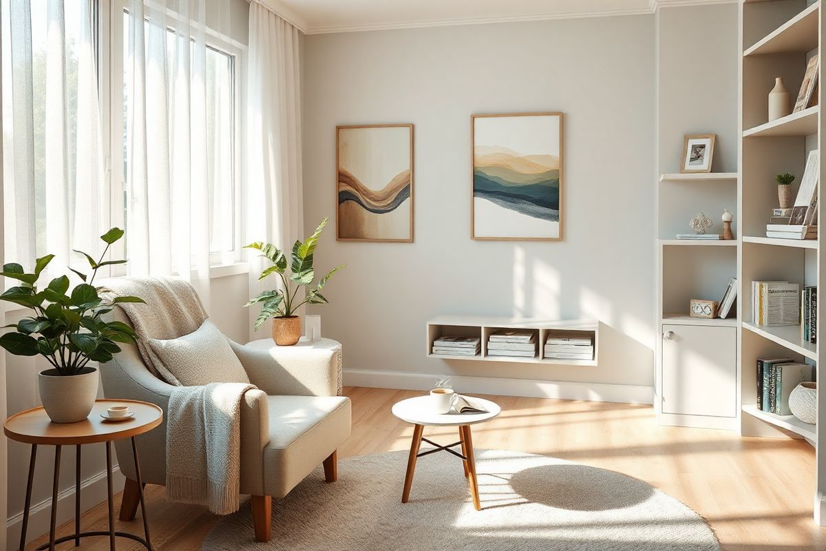 A serene, photorealistic image depicting a tranquil therapy room designed for individuals managing Obsessive-Compulsive Disorder (OCD). The room features soft, natural lighting filtering through large windows adorned with sheer, calming curtains. In one corner, a comfortable, inviting armchair with a plush throw blanket creates a cozy space for reflection. A small coffee table beside it holds a steaming cup of herbal tea and an open journal, suggesting a moment of mindfulness.   The walls are painted in soothing pastel colors, and artwork featuring abstract designs and nature scenes adds a touch of inspiration. A potted plant with lush greenery sits on a windowsill, enhancing the atmosphere of peace and tranquility.   On the floor, a soft area rug provides warmth, while shelves lined with self-help books and decorative items promote a sense of well-being. The overall composition of the room conveys a safe and nurturing environment, ideal for therapy sessions or personal introspection, symbolizing hope and healing in the journey of managing OCD.