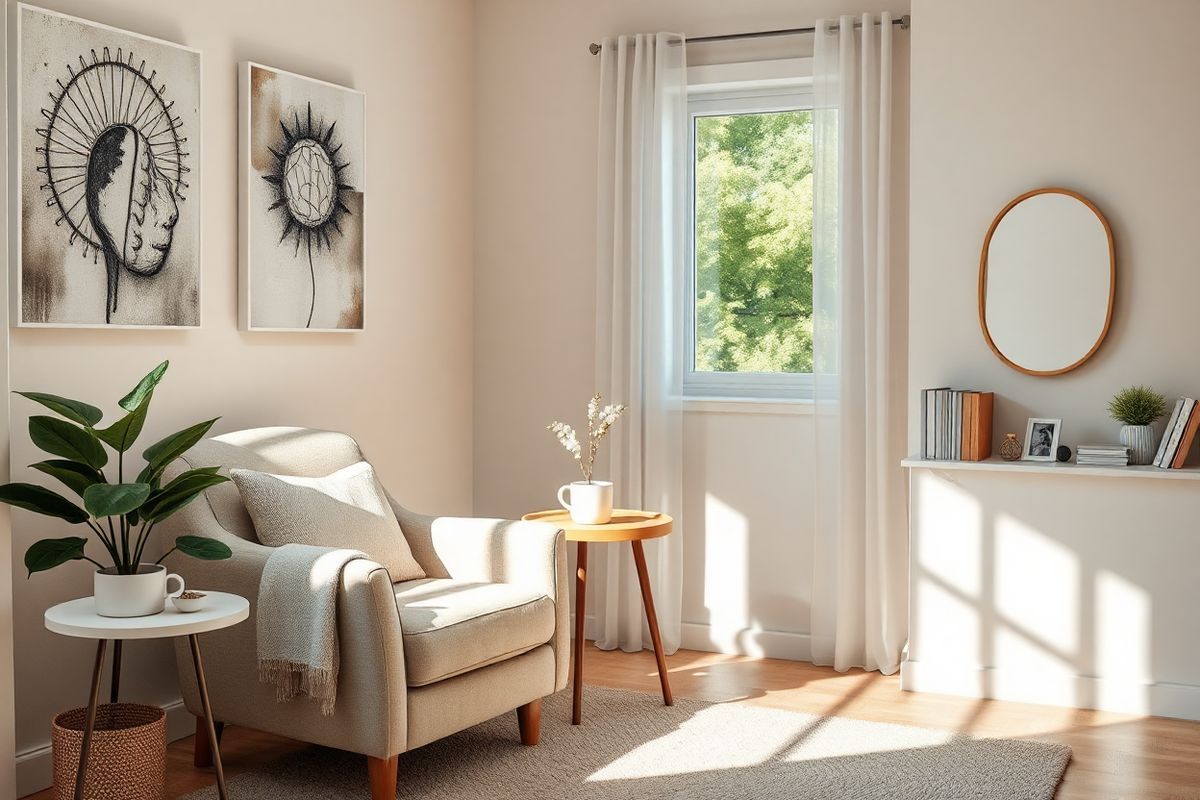 A photorealistic image depicting a serene and calming therapy room designed for individuals with OCD. The room features soft, neutral-toned walls adorned with abstract art that represents the complexity of the mind, inviting reflection and tranquility. In one corner, a plush, inviting armchair with a cozy throw blanket sits beside a small side table holding a steaming cup of herbal tea, symbolizing comfort and support. Natural light filters through sheer curtains, casting gentle shadows on a beautifully arranged indoor plant, suggesting growth and healing. The floor is covered in a soft, textured rug that adds warmth to the space. On a nearby shelf, neatly organized therapeutic resources, such as journals and mindfulness tools, hint at the therapeutic journey. A small, framed mirror reflects a peaceful view of a nearby window with a glimpse of green trees outside, embodying hope and connection to nature. The overall ambiance is one of safety and acceptance, inviting individuals to embrace their unique cognitive profiles while providing a sense of belonging and understanding within the neurodiversity paradigm.