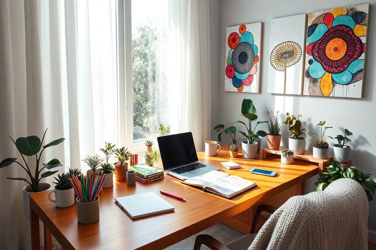 A serene and inviting workspace is depicted, filled with natural light streaming in through a large window adorned with soft, flowing curtains. The desk, made of warm, polished wood, is neatly organized, showcasing a variety of colorful stationery, a sleek laptop, and an open notebook filled with doodles and notes, reflecting creativity and unique thought processes. Potted plants in various sizes are scattered throughout the room, adding a touch of greenery and life, symbolizing growth and diversity. On the walls, abstract art pieces featuring vibrant colors and intricate patterns celebrate neurodiversity, inviting viewers to embrace differences in thought and expression. A cozy armchair in the corner, draped with a textured throw blanket, invites relaxation and reflection. The overall ambiance exudes a sense of calm and acceptance, creating a space that nurtures individual strengths and encourages productivity, perfectly aligning with the neurodiversity paradigm. The soft color palette of blues, greens, and earthy tones promotes a peaceful atmosphere, while the thoughtful arrangement of items emphasizes the beauty of diverse cognitive profiles and the importance of supportive environments for all individuals.