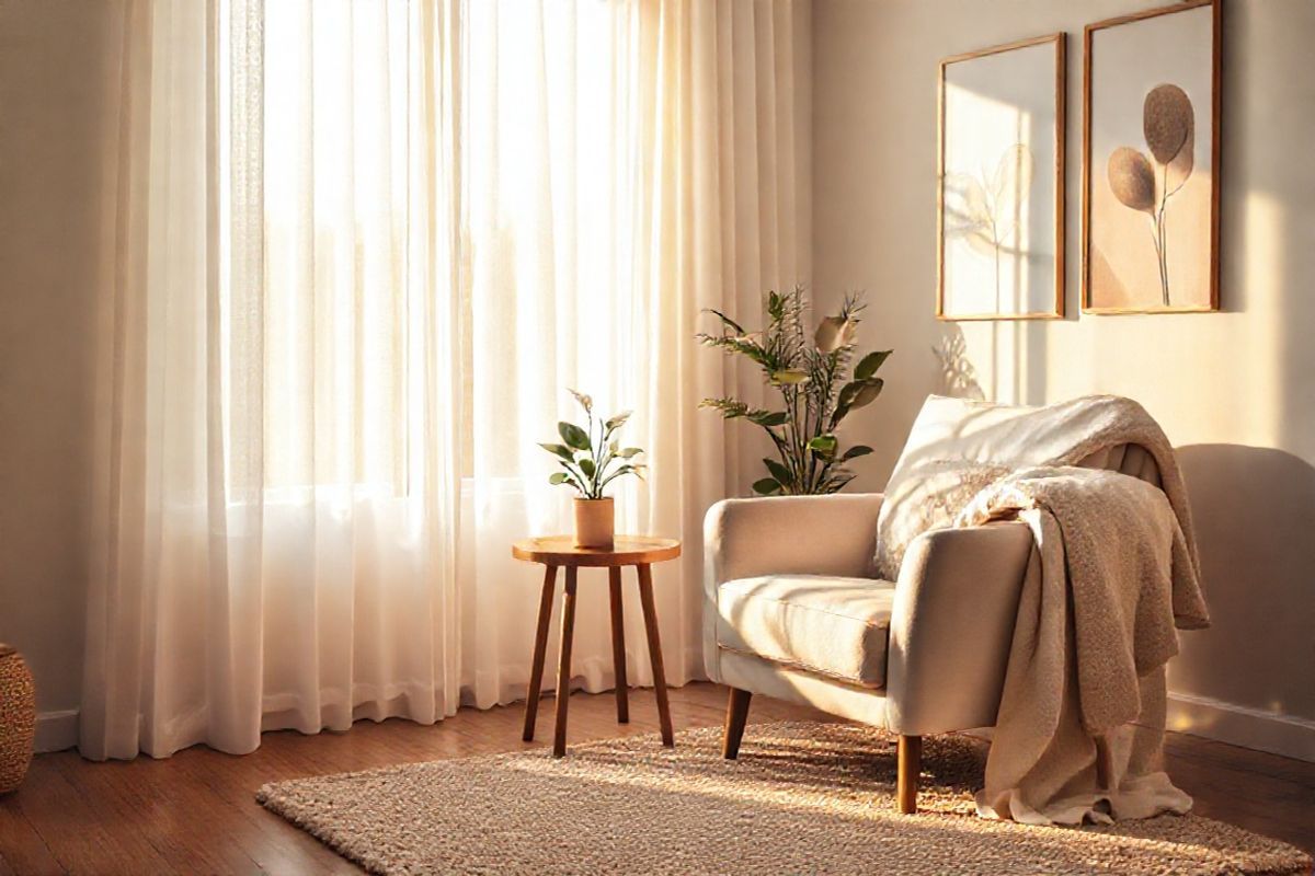 A serene and inviting scene of a cozy, softly lit living room corner, decorated with natural elements. In the foreground, a plush armchair with a light cream fabric sits beside a small wooden side table adorned with a steaming cup of herbal tea. A delicate potted plant, perhaps a peace lily, adds a touch of greenery. The background features a large window with sheer white curtains gently billowing in a light breeze, letting in warm, golden sunlight that casts soft shadows across the room. A plush area rug in soft earth tones lies on the wooden floor, enhancing the warmth of the space. On the walls, subtle artwork depicting abstract forms of nature evokes a sense of calm and connection to the earth. To the side, a soft, inviting throw blanket drapes over the arm of the chair, inviting relaxation. The overall ambiance is peaceful and soothing, creating a perfect setting for reflection and contemplation, which aligns beautifully with the themes of maternal health and care discussed in the paragraph.