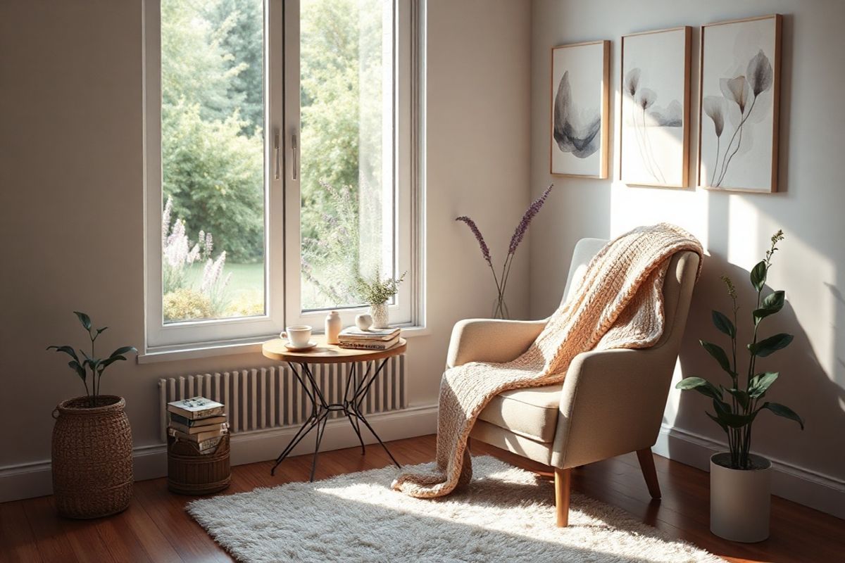 A serene and intimate scene depicting a cozy, softly lit room designed for a mother-to-be. The room features a comfortable armchair draped with a warm, knitted throw, positioned beside a large window that allows natural light to spill in. Outside, a tranquil garden is visible, with blooming flowers and lush greenery, symbolizing life and growth. A small side table holds a steaming cup of herbal tea and a stack of well-worn books about motherhood and wellness. On the wall, there are gentle, abstract art pieces in soothing pastel colors, creating a calming atmosphere. A plush rug covers the wooden floor, and a subtle aroma of lavender fills the air. In the corner, a delicate plant, like a peace lily or fern, adds a touch of nature to the space. The overall ambiance conveys a sense of peace, warmth, and anticipation, reflecting the journey of pregnancy while emphasizing the importance of self-care and nurturing during this special time. The lighting is soft and inviting, casting gentle shadows that enhance the cozy feel of the space, making it a perfect sanctuary for reflection and preparation for motherhood.