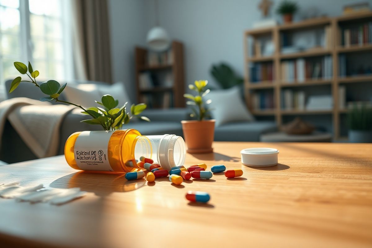 A photorealistic image depicting a serene and contemplative setting, featuring a close-up of an open prescription bottle spilling out a few colorful opioid capsules onto a polished wooden table. In the background, soft, diffused light filters through a window, casting gentle shadows that create a calming atmosphere. A small potted plant with lush green leaves sits beside the bottle, symbolizing hope and recovery. The table is adorned with a textured, neutral-toned cloth that adds warmth to the scene. Subtle reflections of the capsules are visible on the table surface, enhancing the realism of the image. A blurred background reveals a cozy living room with a comfortable chair and a bookshelf filled with supportive literature on addiction and recovery, emphasizing the theme of healing and understanding. The overall composition conveys a sense of introspection, inviting viewers to reflect on the complexities of opioid use disorder and the journey toward treatment and recovery.