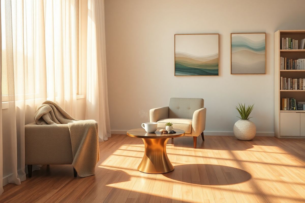 The image depicts a tranquil scene set in a softly lit, minimalist room that conveys a sense of calm and reflection. A large window allows warm, golden sunlight to filter through sheer white curtains, casting gentle shadows on the polished wooden floor. In the center of the room, a comfortable, plush armchair is positioned beside a small, elegant coffee table adorned with a steaming cup of herbal tea, a few calming natural elements like smooth stones, and a small potted succulent. On the walls, serene artwork featuring abstract representations of waves and soft landscapes enhances the atmosphere of peace. A cozy blanket drapes over the armchair, inviting a sense of comfort. In the background, a bookshelf with neatly organized books on health, wellness, and recovery adds a touch of intellectual warmth. The overall color palette is soft and muted, featuring pastel hues of blues, greens, and earthy tones, creating an atmosphere that embodies serenity, healing, and hope—perfectly echoing the themes of understanding and support in the context of opioid dependence and recovery.