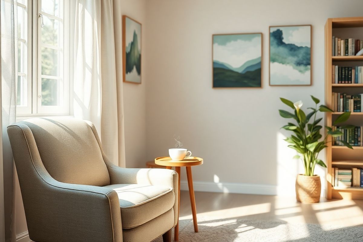 A photorealistic image captures a serene, sunlit room with a sense of calm and hope, designed to reflect the journey of recovery from Opioid Use Disorder (OUD). In the foreground, a cozy armchair upholstered in soft, muted tones invites comfort, accompanied by a small wooden side table adorned with a steaming cup of herbal tea. A light, airy window drapes flutter gently, allowing natural light to fill the space, symbolizing clarity and new beginnings.   On the walls, abstract art featuring soothing colors of blue and green represents healing and tranquility. A lush indoor plant, like a peace lily, thrives in the corner, signifying growth and resilience. In the background, a bookshelf filled with self-help books and recovery literature suggests the importance of knowledge and support.   The overall ambiance of the image is one of peace and positivity, creating an inviting atmosphere that encourages reflection, healing, and the pursuit of a fulfilling life free from the burdens of substance dependence. The composition conveys warmth, hope, and the promise of a brighter future, making it a fitting accompaniment to discussions on OUD and recovery.