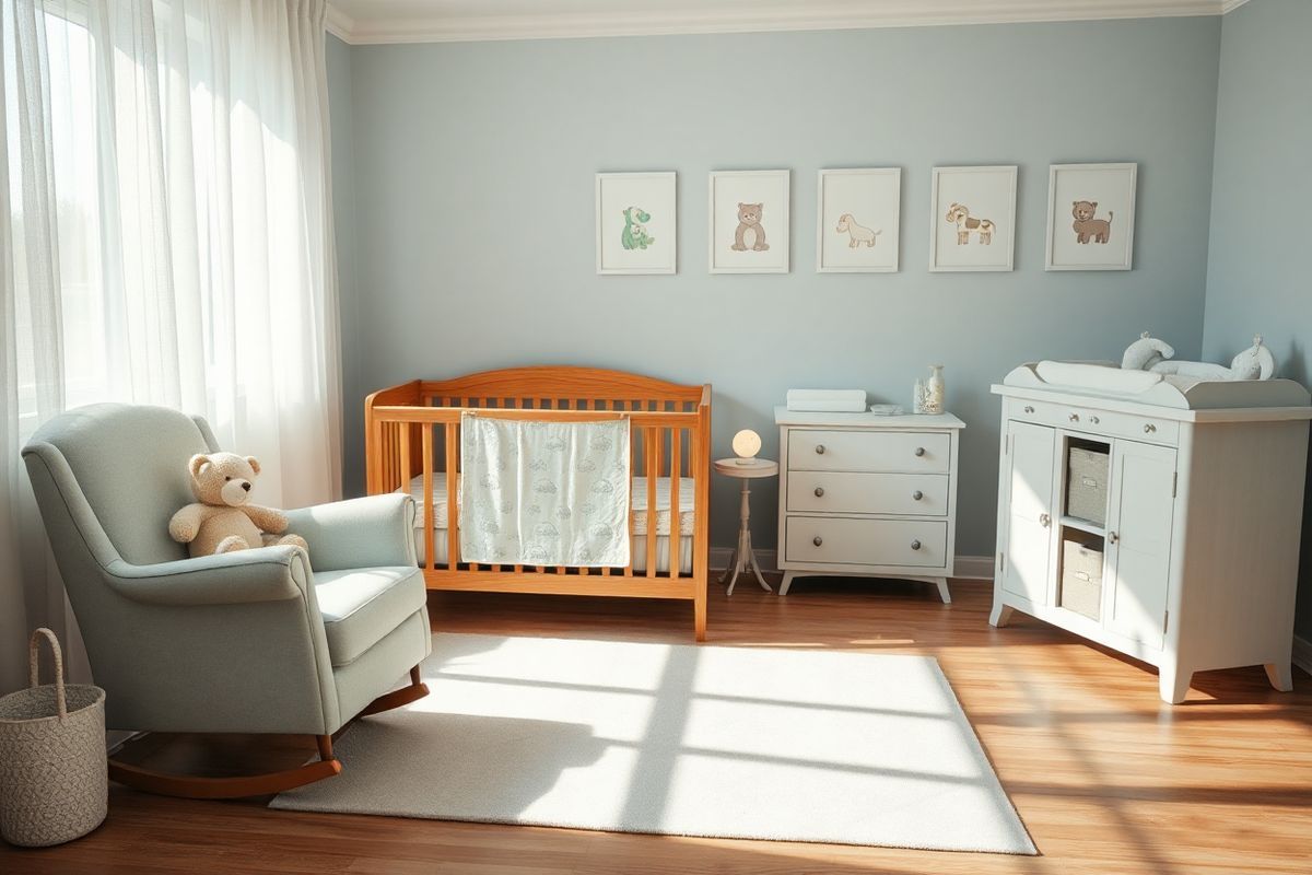 A serene and intimate scene captures a softly lit nursery, designed for a newborn, with a calming color palette of pale blues and soft whites. In the center, a beautifully crafted wooden crib is adorned with a delicate, hand-stitched quilt featuring gentle patterns of clouds and stars. Nearby, a cozy rocking chair sits beside a small side table, holding a plush teddy bear and a gently glowing nightlight shaped like a moon. Sunlight filters through sheer curtains, casting a warm glow across the room, highlighting a wall adorned with framed illustrations of baby animals, evoking a sense of innocence and tranquility. A soft area rug in a light, neutral tone lies on the polished wooden floor, adding warmth and comfort. In the background, a changing table is neatly organized with pastel-colored baby essentials, suggesting readiness and care. The overall atmosphere is peaceful and nurturing, embodying the hope and love associated with welcoming a new life while subtly hinting at the importance of maternal health and safety during pregnancy.