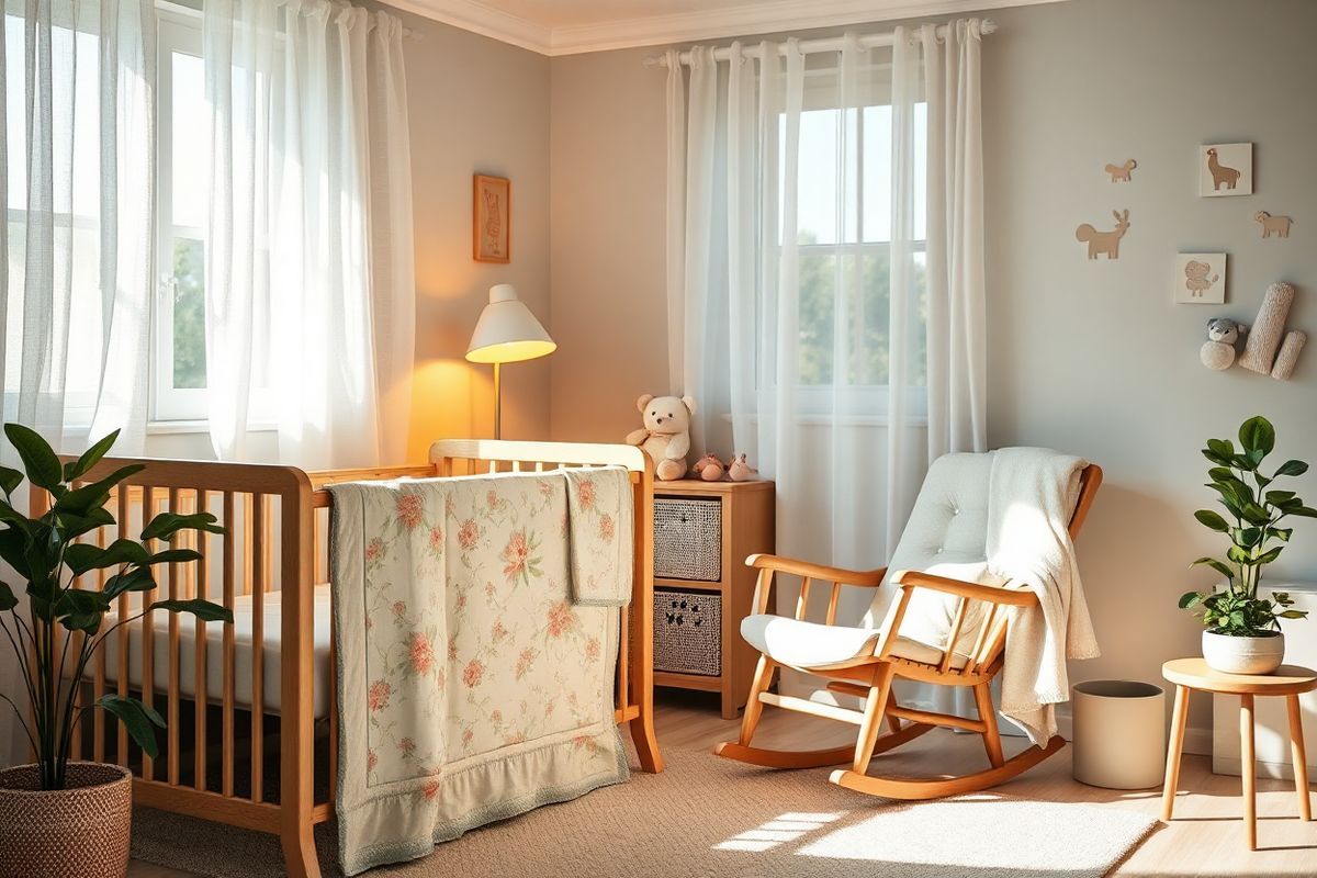 A serene and intimate scene unfolds in a softly lit, cozy nursery. The room features a beautifully designed crib adorned with a delicate, pastel-colored quilt, intricately stitched with floral patterns. Nearby, a plush rocking chair made of natural wood sits invitingly, draped with a light, breathable blanket. A gentle glow emanates from a stylish lamp with a warm yellow hue, casting soft shadows on the walls decorated with whimsical animal prints. On a nearby shelf, a curated collection of children’s books and small plush toys adds a charming touch. The windows are adorned with sheer, flowing curtains that allow natural light to filter in, creating a soothing atmosphere. In the corner, a small potted plant with lush green leaves breathes life into the space. The overall ambiance is one of comfort, tranquility, and nurturing, evoking a sense of safety and warmth for both mother and child, perfectly reflecting the theme of maternal health and the importance of a supportive environment during pregnancy.