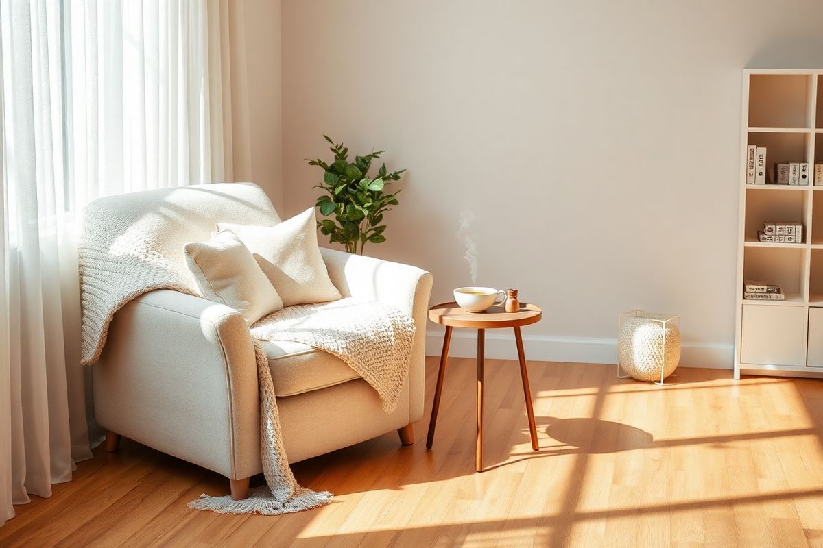 The image depicts a serene and inviting room designed for relaxation and healing. Soft, natural light filters through sheer white curtains, casting gentle shadows on the warm wooden floor. In the center, a plush, oversized armchair is adorned with a cozy knitted blanket and a few decorative pillows in calming pastel hues. A small, round side table beside the chair holds a steaming cup of herbal tea, exuding a sense of comfort and warmth.  In the background, a potted plant with lush green leaves adds a touch of nature, symbolizing growth and renewal. The walls are painted in soft, muted tones, creating a tranquil atmosphere. On a nearby shelf, there are neatly arranged books on wellness and mindfulness, suggesting a space dedicated to self-care and recovery.   A small, elegant diffuser emits a subtle mist, filling the air with the soothing scent of lavender. The overall composition of the image evokes feelings of peace, support, and healing, perfectly complementing the theme of managing opioid withdrawal and the importance of a nurturing environment during recovery.