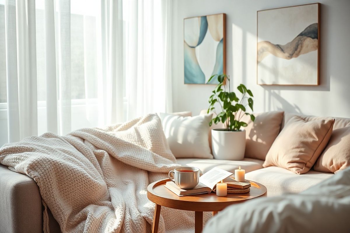 A serene and calming interior scene depicting a cozy, softly lit room designed for relaxation during opioid withdrawal. The room features a plush, inviting sofa adorned with textured blankets and cushions in soothing pastel colors. Nearby, a tall potted plant with lush green leaves adds a touch of nature, symbolizing growth and healing. A small wooden coffee table holds a steaming cup of herbal tea, surrounded by an open book and a few gentle, aromatic candles flickering softly. Natural light filters through sheer curtains, casting a warm glow across the space and enhancing the tranquil atmosphere. In the background, a wall adorned with abstract art in calming hues creates a peaceful focal point. The overall composition evokes a sense of comfort, safety, and emotional support, embodying the essential elements needed for navigating the challenges of withdrawal.