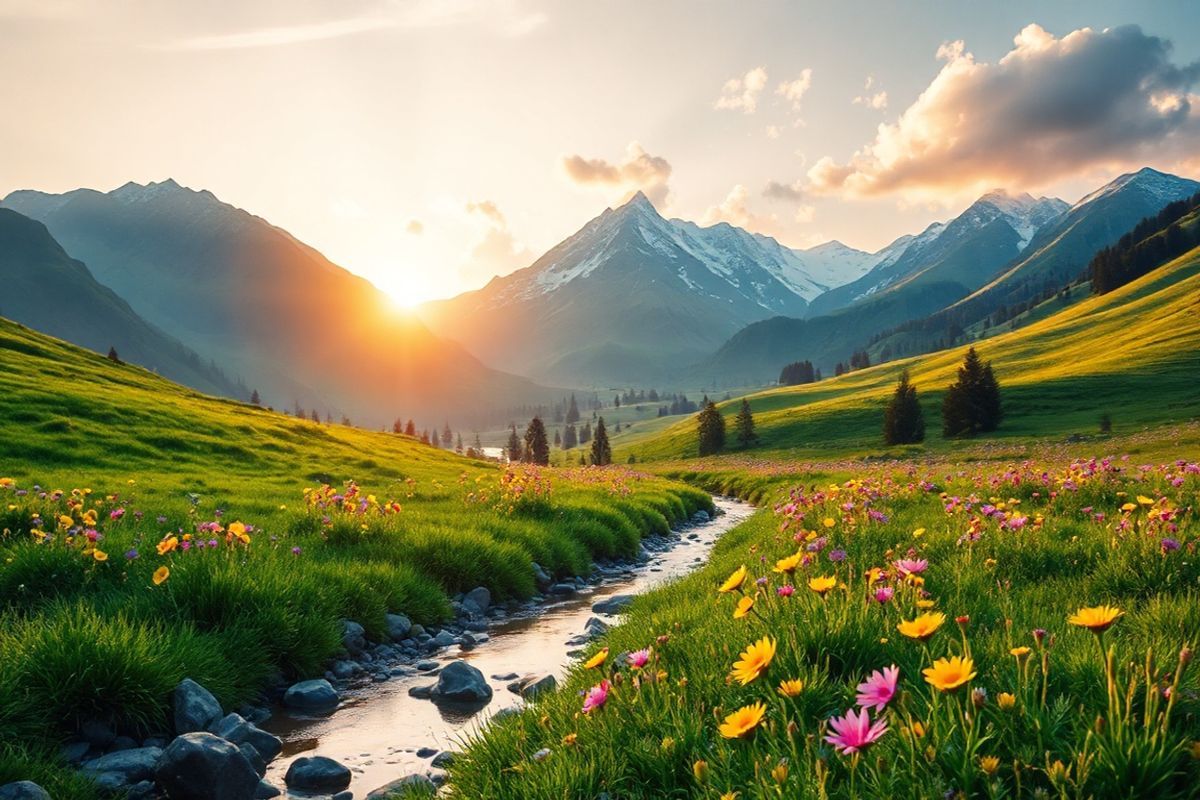 A photorealistic decorative image showcasing a serene and calming natural landscape, highlighting the fragility of lung health. The scene features a soft sunrise casting warm golden hues over a lush, green valley filled with vibrant wildflowers in various colors—yellow, purple, and pink. In the foreground, a gentle stream winds through the meadow, reflecting the morning light and surrounded by smooth stones. Wispy clouds float above, softly illuminated by the rising sun, creating a peaceful atmosphere. In the background, majestic mountains rise, their peaks dusted with snow, symbolizing strength and resilience. A faint breeze causes the wildflowers to sway gently, evoking a sense of tranquility. The image captures the essence of fresh air and the beauty of nature, serving as a reminder of the importance of lung health and the impact of environmental factors on well-being. The overall composition is harmonious, with a balance of colors and textures that invite viewers to reflect on the significance of caring for their lungs while enjoying the beauty of the world around them.