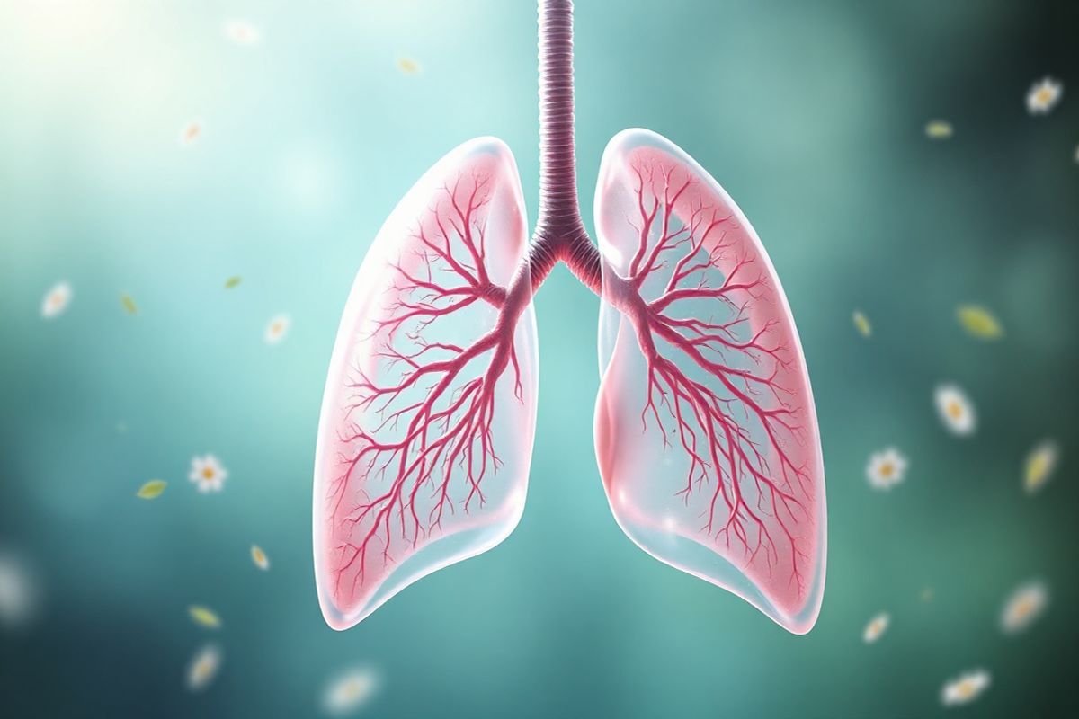 A serene, photorealistic image capturing the intricate beauty of human lungs, prominently featuring the acinus structure. The lungs are depicted in a soft, ethereal light, showcasing the delicate network of respiratory bronchioles, alveolar ducts, and alveolar sacs in rich detail. The background is a gradient of calming blues and greens, symbolizing fresh air and vitality, while a subtle overlay of translucent waves represents airflow. Scattered throughout the image are gentle hints of nature, such as leaves and flowers, emphasizing the connection between lung health and the environment. The image should evoke a sense of tranquility and awareness, highlighting the importance of healthy lungs and the impact of diseases like panlobular emphysema. The overall composition is balanced and harmonious, with a focus on the lungs, inviting viewers to reflect on the fragility and beauty of respiratory health.