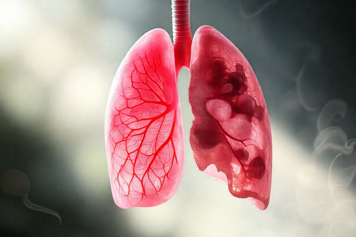 A photorealistic decorative image features a close-up view of a healthy lung juxtaposed with a lung affected by paraseptal emphysema. On the left side, the healthy lung is vibrant and elastic, showcasing the intricate network of alveoli in a rich, pink hue, symbolizing optimum gas exchange. The background is softly blurred to focus on the lung’s texture and structure, with light filtering through, creating a sense of vitality. On the right side, the lung affected by paraseptal emphysema appears damaged, with enlarged air pockets replacing the normal alveolar structure. The color shifts to a duller tone, emphasizing the lack of elasticity and the presence of air trapping. Surrounding the lungs, gentle wisps of smoke and subtle environmental elements, such as faint silhouettes of pollutants and smoke, hint at the disease’s causes. The overall composition highlights the stark contrast between healthy and diseased lungs, evoking a powerful message about lung health and the impact of emphysema while maintaining an aesthetic quality that is both informative and visually captivating.