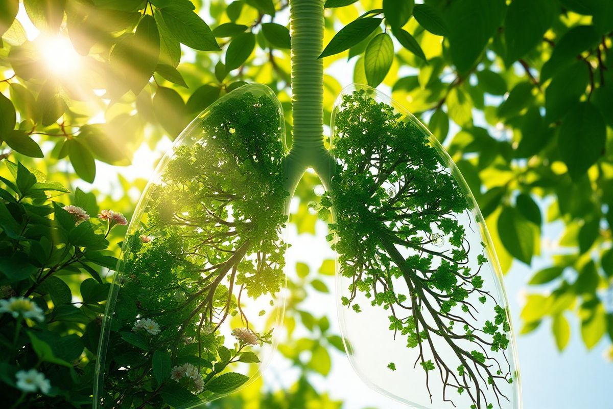 A photorealistic image depicting a serene and tranquil lung environment, showcasing a lush, green forest seamlessly blending into a human lung structure. The alveoli, represented as delicate, translucent bubbles, are surrounded by vibrant leaves and flowers, symbolizing healthy air exchange. Sunlight filters through the canopy above, illuminating the scene with warm, golden rays that highlight the rich textures of the foliage and the intricate details of the alveolar sacs. In the background, a soft, blue sky peeks through the leaves, evoking a sense of fresh air and vitality. The overall composition conveys a harmonious connection between nature and lung health, emphasizing the importance of clean air and the impact of environmental factors on respiratory well-being. The image invites viewers to reflect on the fragility of lung function while celebrating the beauty of a healthy respiratory system.