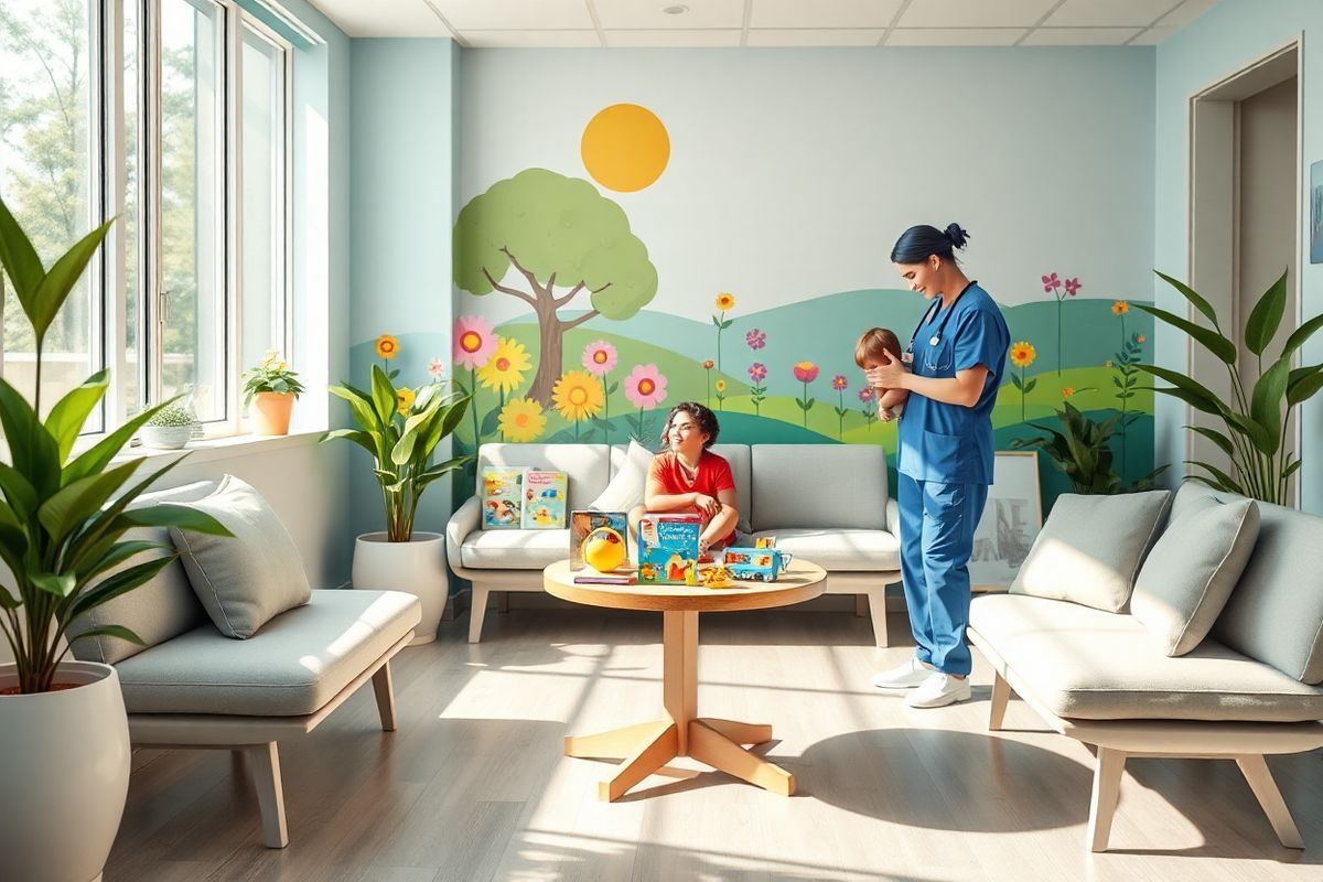 A photorealistic image captures a serene pediatric clinic setting, highlighting a cozy waiting area designed to comfort families dealing with thalassemia. The foreground features a small round table adorned with an array of colorful children’s books and toys, inviting young patients to engage in play. Soft natural light filters through large windows, illuminating the room with a warm glow, while potted plants in the corners add a touch of greenery. In the background, a cheerful mural depicting a sunny landscape with vibrant flowers and friendly animals creates an uplifting atmosphere. Comfortable seating with plush cushions is arranged around the table, providing a welcoming space for parents and children. A healthcare professional, dressed in scrubs, can be seen gently interacting with a child, emphasizing the compassionate care provided in the clinic. The overall color palette is soft and soothing, featuring pastel blues, greens, and yellows, evoking a sense of tranquility and hope for families navigating the challenges of thalassemia.