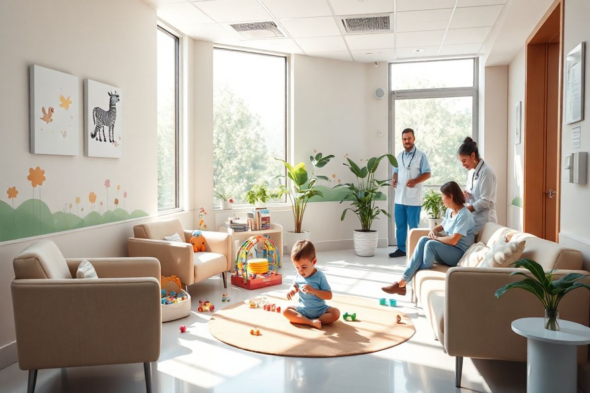 A photorealistic image depicting a serene pediatric clinic setting, designed to evoke a sense of comfort and care for children with thalassemia. The scene features a bright, airy waiting room with soft pastel colors on the walls, adorned with cheerful animal-themed artwork. Plush seating is arranged in a cozy configuration, inviting families to relax. In one corner, a small play area is filled with colorful toys, books, and a soft rug, where a child is happily playing. Sunlight streams through large windows, casting gentle shadows and illuminating the space, enhancing the feeling of warmth and hope. A friendly nurse can be seen in the background, engaging with a young child, while parents observe with a mix of concern and hope. Potted plants add a touch of nature, creating a calming atmosphere. The overall composition conveys a sense of support and understanding, emphasizing the importance of a nurturing environment for children facing health challenges.