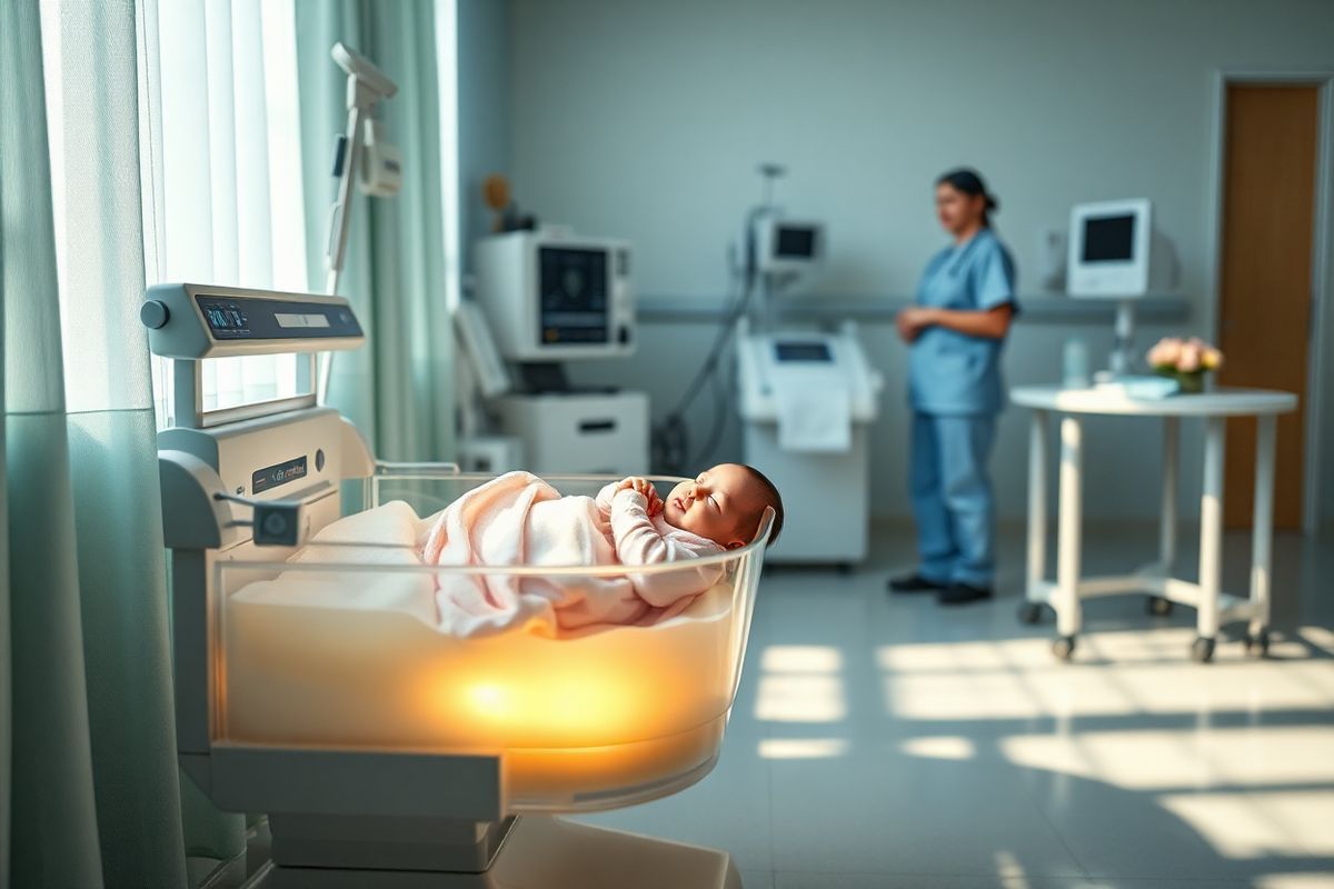 A serene and photorealistic image depicting a cozy neonatal intensive care unit (NICU) environment. In the foreground, a small incubator gently glows with soft, warm lighting, cradling a premature infant swaddled in a pastel-colored blanket. The delicate features of the baby’s face are visible, showcasing a peaceful expression, with tiny fingers curled around a soft, plush toy. Surrounding the incubator, a soothing palette of light blues and greens creates a calming atmosphere, while soft, diffused sunlight filters through sheer curtains, casting gentle shadows on the polished floor. In the background, a nurse is attentively monitoring the infant, wearing scrubs and a caring expression. Various medical equipment and monitors softly beep, reinforcing the atmosphere of advanced care and compassion. On a nearby table, a small bouquet of fresh flowers adds a touch of warmth and hope to the clinical setting. The overall composition evokes a sense of tenderness and resilience, highlighting the dedication of healthcare professionals and the fragile yet powerful spirit of premature infants.