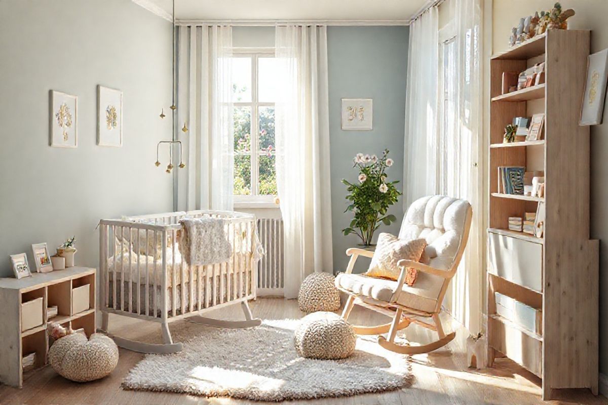 A serene, photorealistic depiction of a cozy nursery room bathed in soft, natural light. The room features a gently rocking crib adorned with plush, pastel-colored bedding and a mobile with delicate stars and moons hanging above. Nearby, a comfortable rocking chair sits in a corner, surrounded by a scattering of colorful, textured cushions. Light wooden shelves are filled with children’s books and small, whimsical toys, while a lush potted plant adds a touch of greenery to the space. The walls are painted in soothing shades of soft blue and pale yellow, accented with sweet animal-themed artwork. A plush, plush area rug lies underfoot, inviting play and exploration. Sunlight filters through sheer curtains, casting gentle shadows and creating a warm, inviting atmosphere. In the background, a window reveals a glimpse of a calm garden, with blooming flowers and the soft rustle of leaves, evoking a sense of tranquility and hope, symbolizing the nurturing environment essential for a child’s development and well-being.