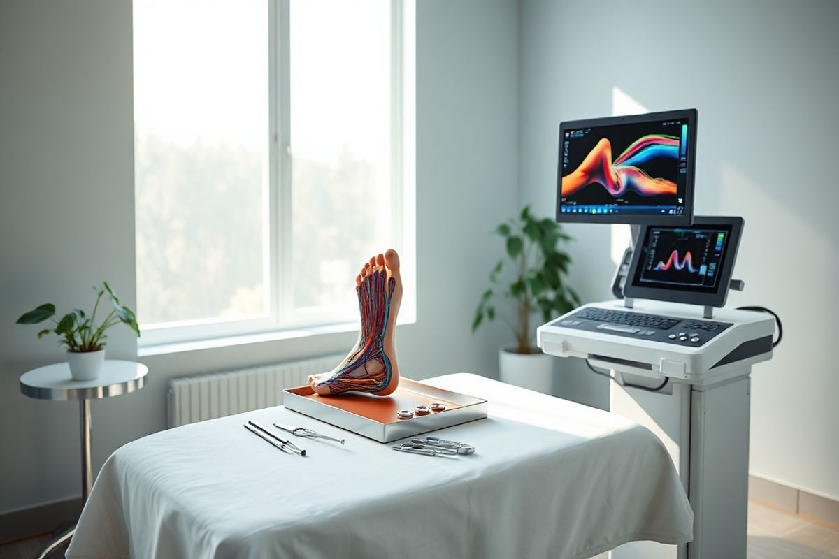 A photorealistic image depicting a serene medical examination room with a soft, natural light streaming through a large window, illuminating the space. The room features a comfortable examination table draped in crisp white linens, surrounded by various medical instruments neatly organized on a stainless steel tray. On one side, a detailed anatomical model of the human foot is displayed on a pedestal, highlighting the intricate structure of the plantar veins. Nearby, a high-resolution Doppler ultrasound machine is ready for use, with a digital screen showing a colorful, dynamic representation of blood flow. In the background, a calming color palette of soft blues and greens contributes to a soothing atmosphere, while potted plants add a touch of nature, symbolizing healing and wellness. The overall composition evokes a sense of professionalism and care, inviting patients into a space where they can receive thorough evaluations and treatments for conditions such as plantar vein thrombosis.