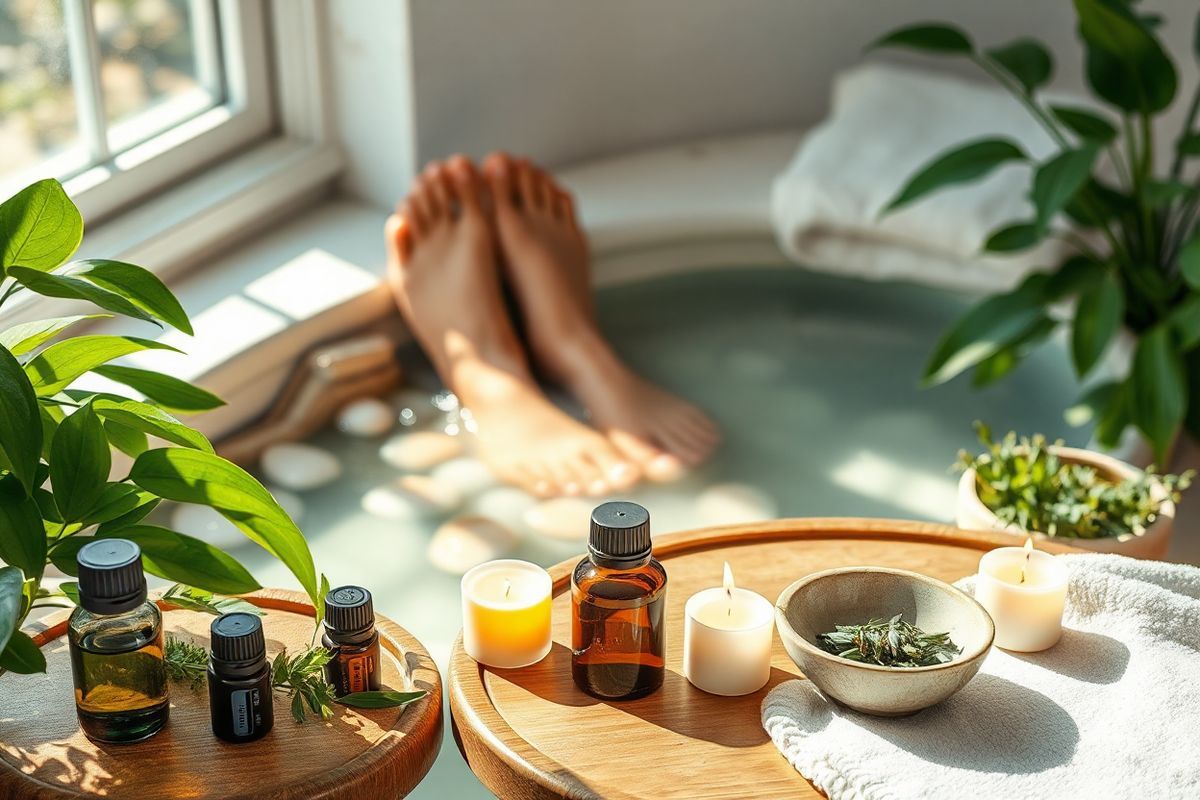 A photorealistic image depicting a serene, inviting foot spa environment, featuring a pair of feet submerged in warm, clear water. The setting is adorned with smooth pebbles and vibrant green leaves, creating a sense of tranquility. Soft, natural lighting filters through a nearby window, casting gentle shadows that enhance the atmosphere. In the foreground, a selection of essential oils and aromatic candles is elegantly arranged on a wooden side table, suggesting a holistic approach to foot care. The background features a plush towel and a small bowl filled with fresh herbs, emphasizing the theme of relaxation and well-being. The overall composition conveys a peaceful and restorative ambiance, inviting viewers to imagine a soothing experience that promotes foot health and comfort.