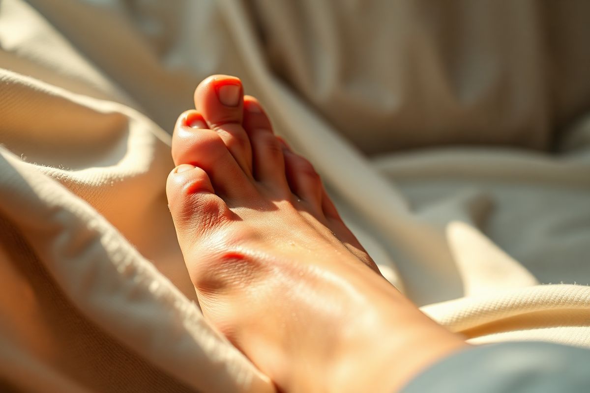 A close-up, photorealistic image of a human foot with a visibly swollen big toe, showcasing the classic signs of podagra gout. The toe is prominently featured, with the skin appearing red and inflamed, highlighting the intense discomfort associated with the condition. The surrounding area is adorned with a soft, neutral-toned fabric, suggesting a cozy home environment, while the background is softly blurred to emphasize the toe. The lighting is warm and inviting, casting gentle shadows that accentuate the contours of the foot and the swelling. Tiny crystals can be subtly hinted at on the skin’s surface, representing uric acid deposits, while the rest of the foot remains relaxed, conveying a sense of contrast between the pain of the affected toe and the overall calm setting. The image captures the essence of discomfort amidst tranquility, creating a poignant visual representation of podagra gout symptoms.