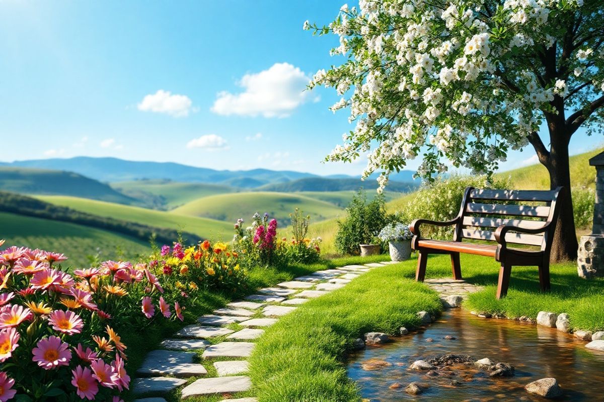 A serene and visually striking photorealistic image captures a tranquil outdoor scene that symbolizes calmness and health, ideal for illustrating the theme of managing heart arrhythmias. The foreground features a peaceful garden filled with vibrant green foliage, blooming flowers in various hues—soft pinks, sunny yellows, and deep blues—creating a harmonious and inviting atmosphere. In the center, a winding stone path leads through the garden, inviting viewers to take a leisurely stroll.   To the right, a gentle stream flows, its crystal-clear water reflecting the sunlight, with smooth pebbles visible beneath the surface. The background showcases a soft-focus view of rolling hills under a clear blue sky, with a few fluffy white clouds lazily drifting by. Near the stream, a wooden bench sits under a flowering tree, providing a perfect spot for relaxation and reflection. This idyllic setting exudes tranquility, promoting a sense of peace and well-being, resonating with the importance of lifestyle changes and emotional support in managing heart conditions like PVT. The overall composition evokes a feeling of hope and wellness, encouraging viewers to embrace proactive health management.