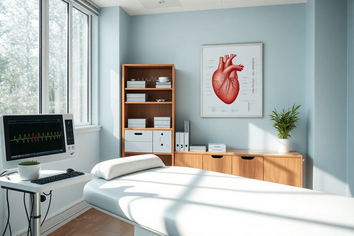 The image depicts a serene and tranquil scene of a modern medical examination room, filled with natural light streaming through large windows. The room features a sleek, white examination table with soft, plush cushions, surrounded by minimalistic decor. On one side, a high-tech electrocardiogram (ECG) machine quietly monitors heart rhythms, its screen displaying colorful waveforms that represent the electrical signals of the heart. A potted green plant adds a touch of life to the space, sitting on a polished wooden shelf adorned with medical textbooks and charts of the human heart. The walls are a calming shade of light blue, promoting a sense of peace and comfort. In the background, a poster illustrating the anatomy of the heart is elegantly framed, providing an educational element. The overall atmosphere is one of professionalism and warmth, inviting patients and medical professionals alike to engage in conversations about heart health and arrhythmias. This photorealistic image captures the essence of care and expertise in the field of cardiology, making it an ideal visual representation of the topic discussed in the paragraph.