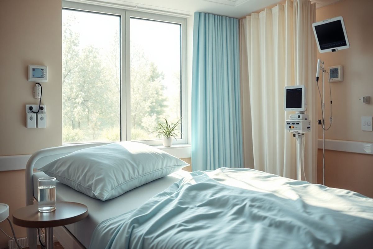 A serene hospital recovery room bathed in soft, warm light, featuring a neatly made hospital bed with plush, supportive pillows arranged for optimal comfort. The bed is adorned with a light blue blanket, creating a calming atmosphere. On a small bedside table, a glass of water sits next to a delicate potted plant, symbolizing healing and renewal. The walls are painted in soothing pastel colors, enhancing the tranquility of the space. A large window reveals a view of a peaceful garden outside, with gentle sunlight streaming in, illuminating the room. In the background, a medical monitor quietly beeps, indicating the stability of the patient, while soft curtains sway slightly with a gentle breeze. The overall ambiance conveys a sense of safety and comfort, promoting relaxation and restorative sleep after surgery.