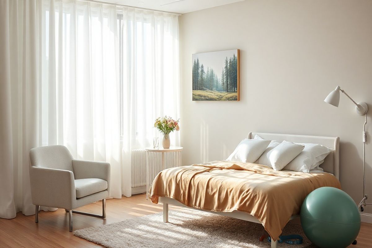 A serene and inviting post-surgery recovery room is depicted in this photorealistic image. Soft, natural light filters through sheer white curtains, illuminating a cozy bed adorned with fluffy pillows and a warm blanket. A small bedside table holds a glass of water and a vase of fresh flowers, adding a touch of color and life to the space. On the wall, a soothing landscape painting of a tranquil forest scene evokes a sense of calm and healing. In the corner, a comfortable armchair invites family members to sit and support their loved one during recovery. A gentle, warm color palette of soft greens, blues, and neutrals creates a peaceful atmosphere, while a plush rug underfoot adds warmth. The room is meticulously organized, emphasizing cleanliness and comfort. A small exercise ball and resistance bands subtly hint at the importance of physical therapy in recovery, reinforcing the message of healing and strength. The overall ambiance suggests a safe haven for patients to rest and recuperate, embodying the essence of effective pain management and support during the healing process.